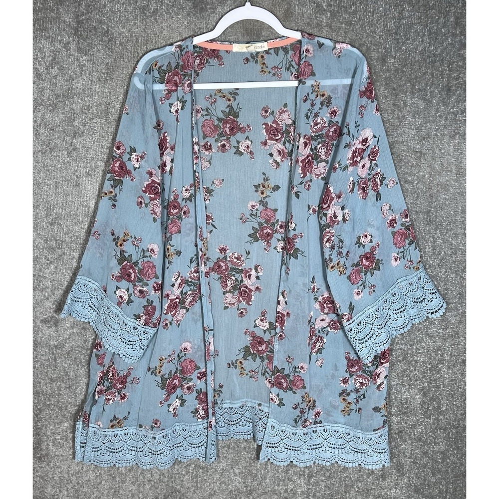 Rewind Sheer Open Front Kimono Robe Cover Up Womens Sz XXL Blue Floral Crochet